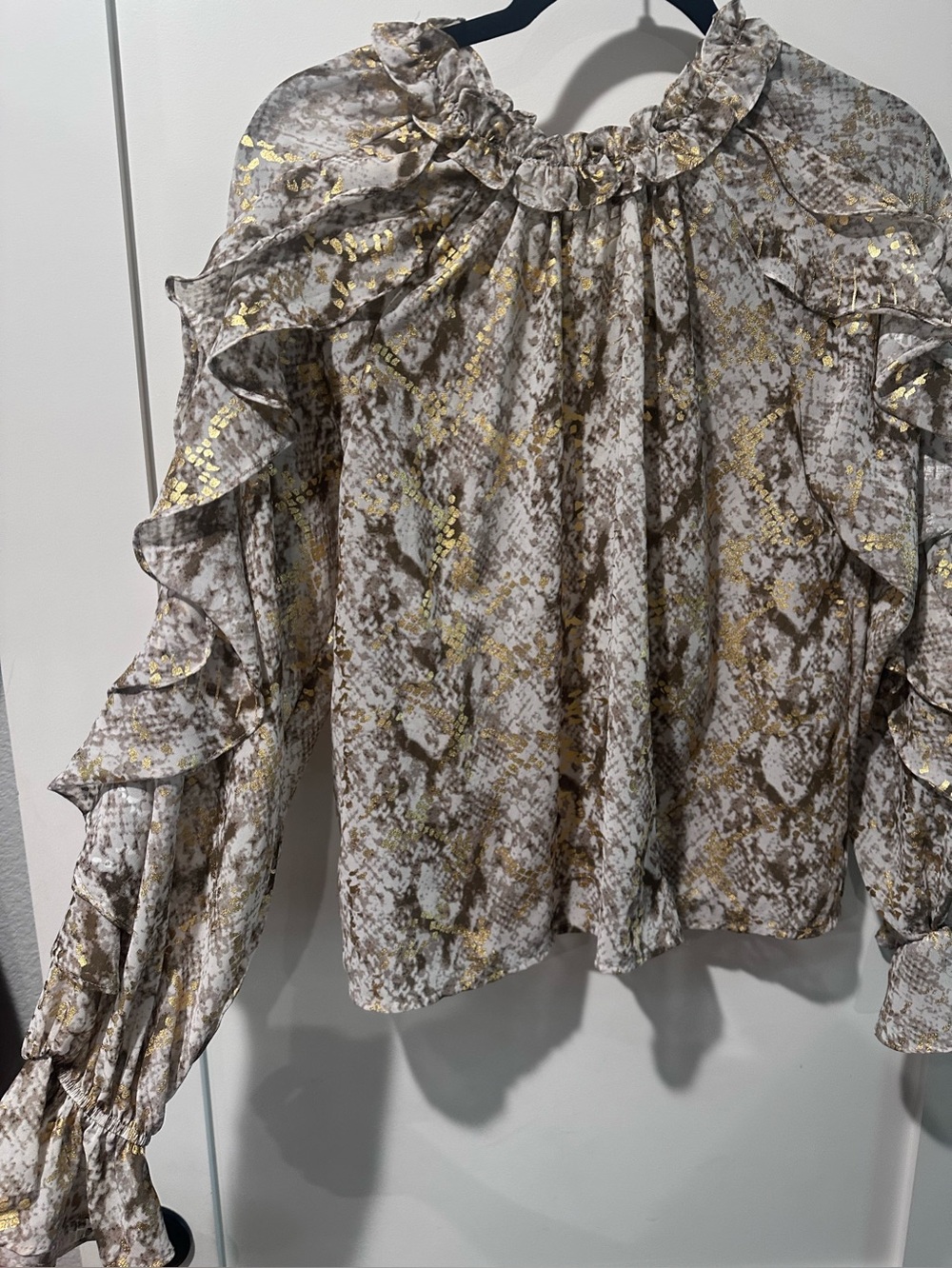 THML White Snake-Print Ruffle Blouse with Gold Accents